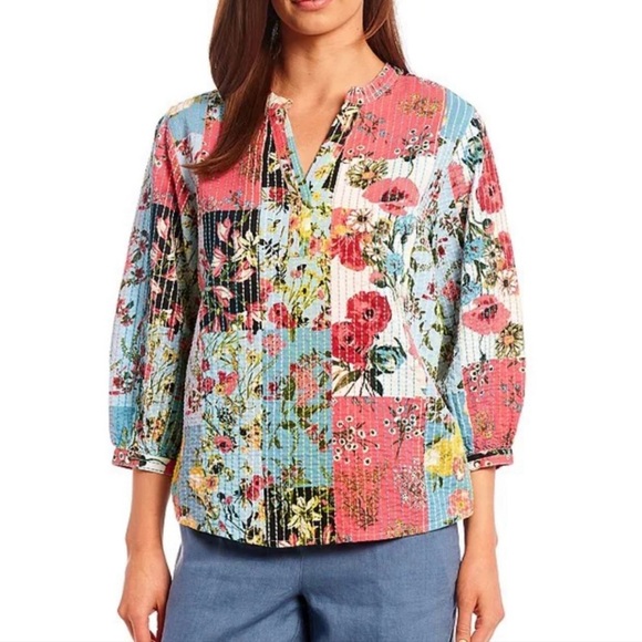 John Mark Multicolor patchwork kantha style Floral split neck 3/4 Sleeve Top - Picture 2 of 14